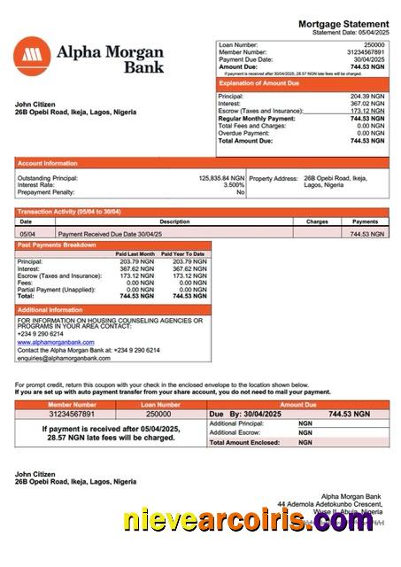 Nigeria Alpha Morgan Bank mortgage statement Word and PDF template